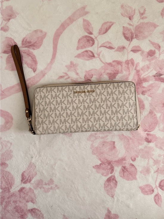 Michael Kors Handbags - Michael Kors Ivory Tan MK Logo Zip Wallet Wristlet